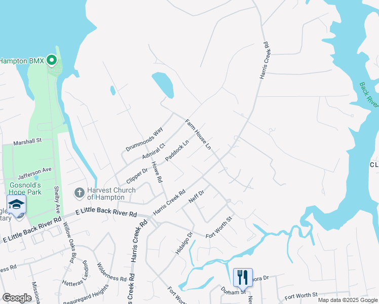 map of restaurants, bars, coffee shops, grocery stores, and more near 12 Sugarberry Run in Hampton
