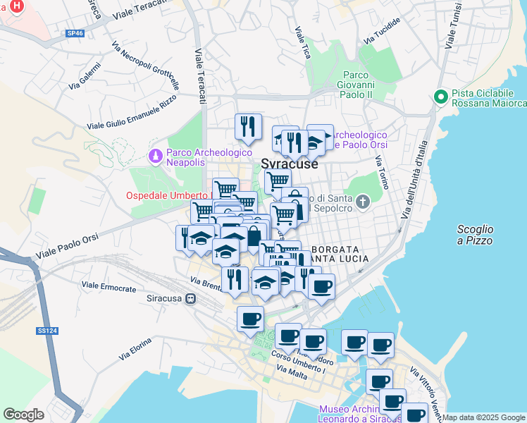 map of restaurants, bars, coffee shops, grocery stores, and more near 7 Via Giuseppe di Natale in Syracuse