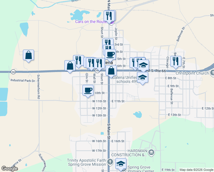map of restaurants, bars, coffee shops, grocery stores, and more near 900 South Main Street in Galena