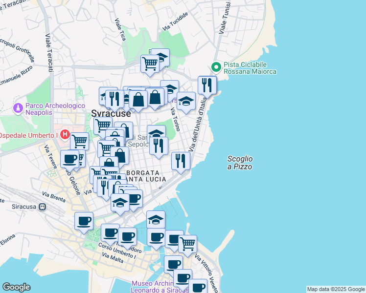 map of restaurants, bars, coffee shops, grocery stores, and more near Via Sollecito Fratelli in Syracuse