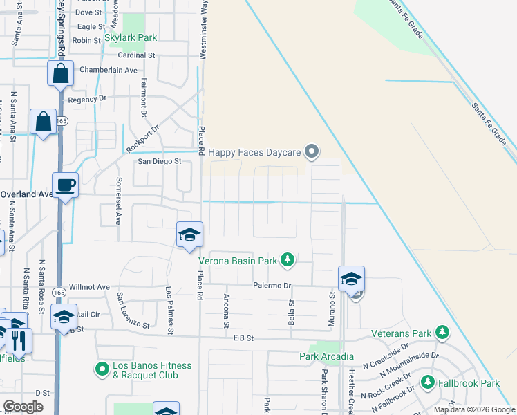 map of restaurants, bars, coffee shops, grocery stores, and more near 408 Rice Way in Los Banos