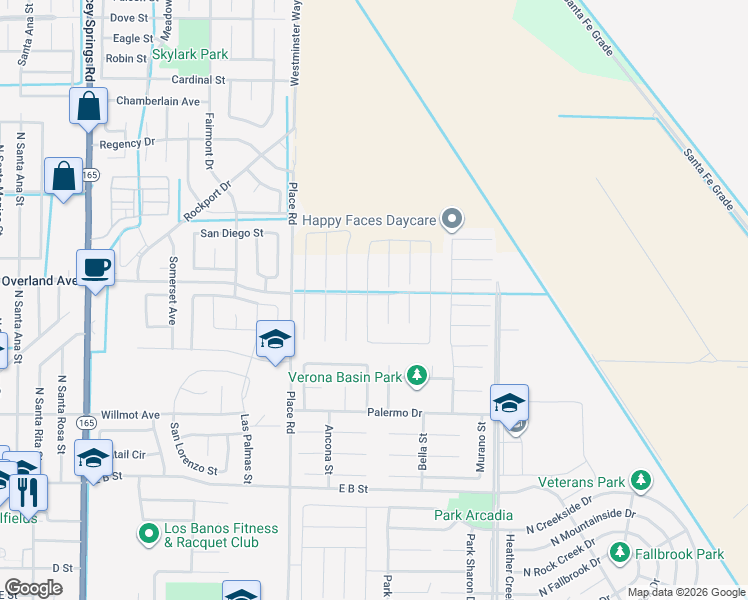 map of restaurants, bars, coffee shops, grocery stores, and more near 408 Rice Way in Los Banos