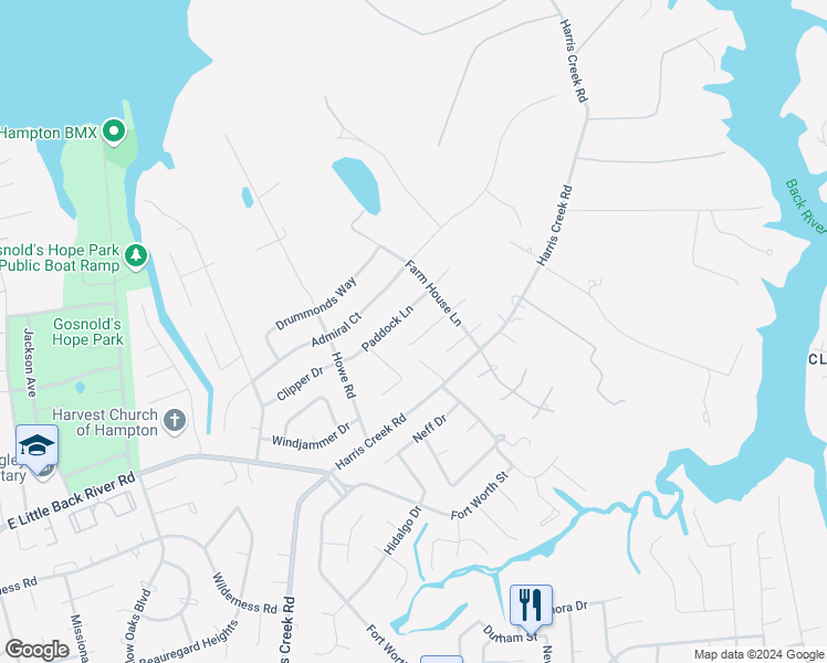 map of restaurants, bars, coffee shops, grocery stores, and more near 12 Sugarberry Run in Hampton