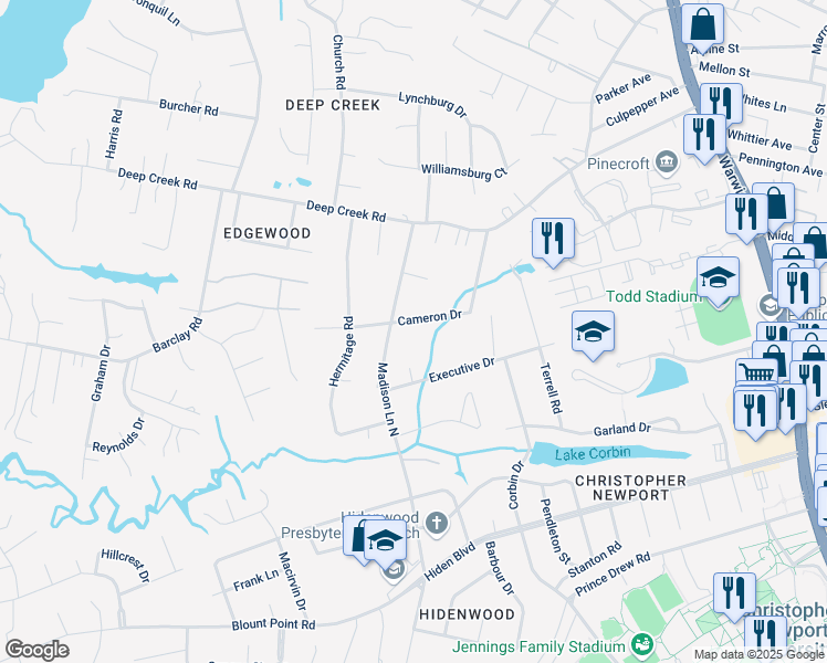 map of restaurants, bars, coffee shops, grocery stores, and more near 5 Executive Drive in Newport News