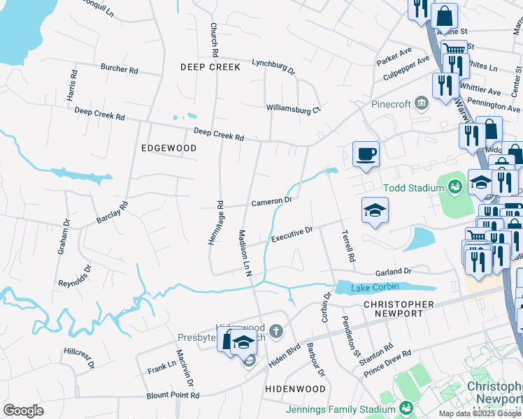 map of restaurants, bars, coffee shops, grocery stores, and more near 5 Executive Drive in Newport News