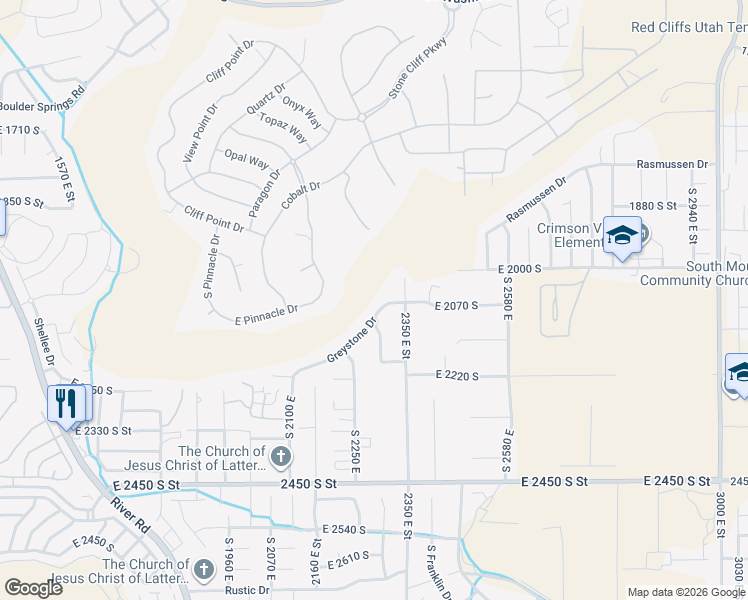map of restaurants, bars, coffee shops, grocery stores, and more near 2317 Greystone Drive in St. George