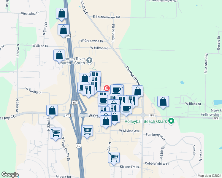 map of restaurants, bars, coffee shops, grocery stores, and more near 5591 North 17th Street in Ozark