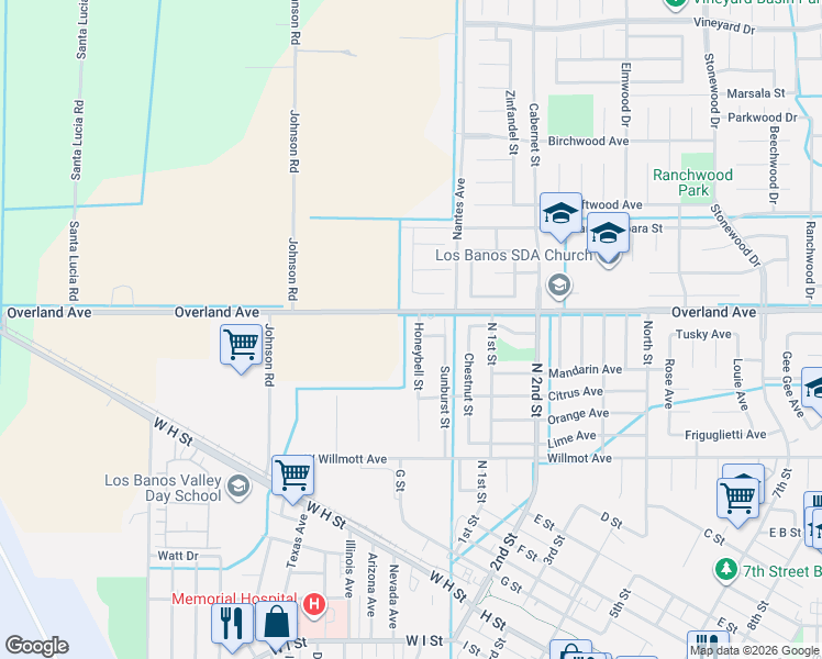map of restaurants, bars, coffee shops, grocery stores, and more near 381 Honeybell Street in Los Banos
