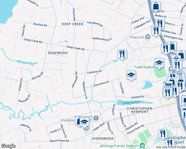 map of restaurants, bars, coffee shops, grocery stores, and more near 50 Cameron Drive in Newport News