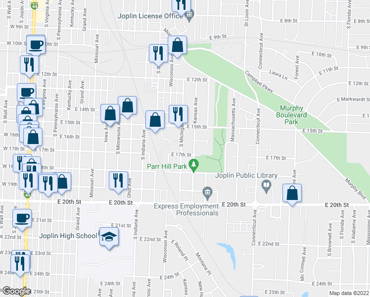 map of restaurants, bars, coffee shops, grocery stores, and more near 1625 South Michigan Avenue in Joplin