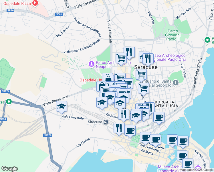 map of restaurants, bars, coffee shops, grocery stores, and more near 26 Via Po in Siracusa