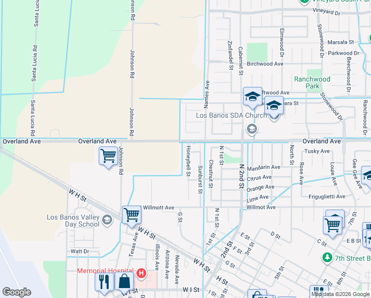 map of restaurants, bars, coffee shops, grocery stores, and more near 350 Honeybell Street in Los Banos