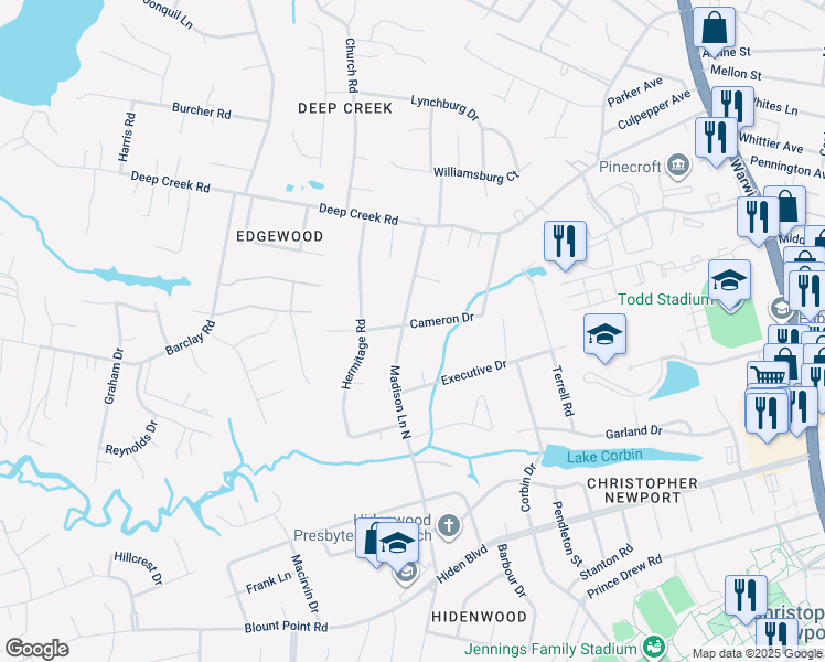 map of restaurants, bars, coffee shops, grocery stores, and more near 56 Cameron Drive in Newport News