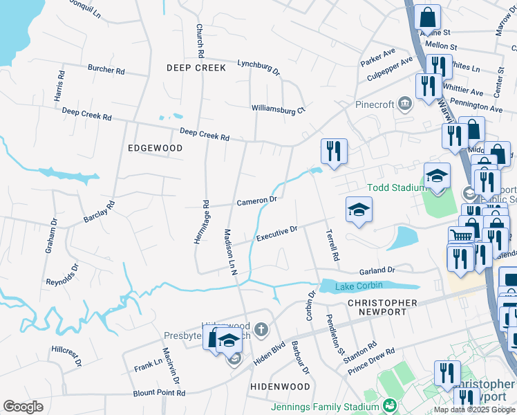 map of restaurants, bars, coffee shops, grocery stores, and more near 48 Cameron Drive in Newport News