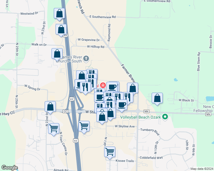 map of restaurants, bars, coffee shops, grocery stores, and more near 5589 North 17th Street in Ozark