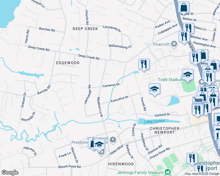 map of restaurants, bars, coffee shops, grocery stores, and more near 50 Cameron Drive in Newport News