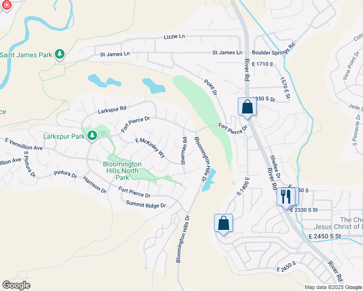 map of restaurants, bars, coffee shops, grocery stores, and more near 1135 Oxford Place in St. George