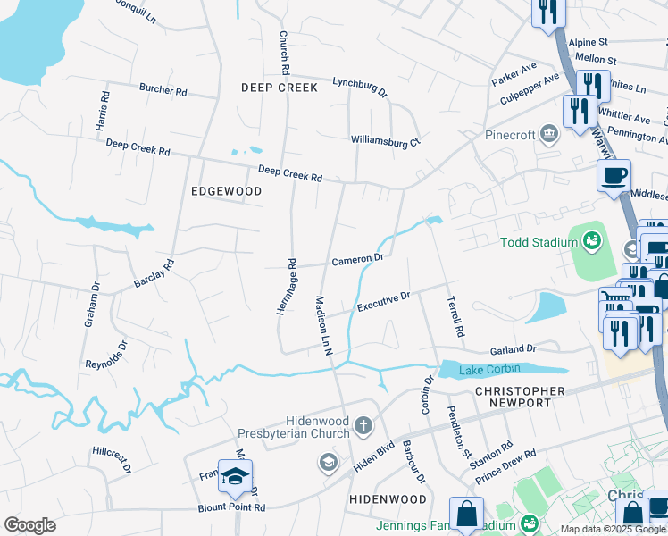 map of restaurants, bars, coffee shops, grocery stores, and more near 56 Cameron Drive in Newport News