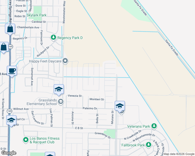 map of restaurants, bars, coffee shops, grocery stores, and more near Overland Avenue in Los Banos
