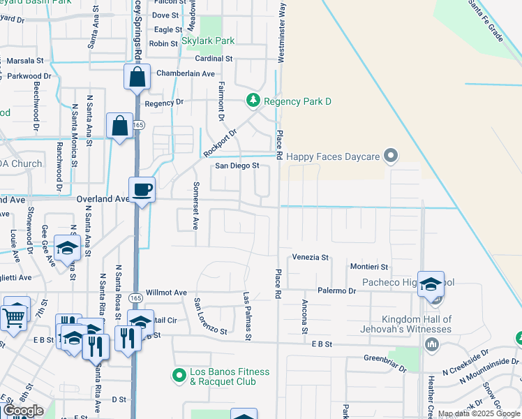 map of restaurants, bars, coffee shops, grocery stores, and more near 1474 San Antonio Street in Los Banos