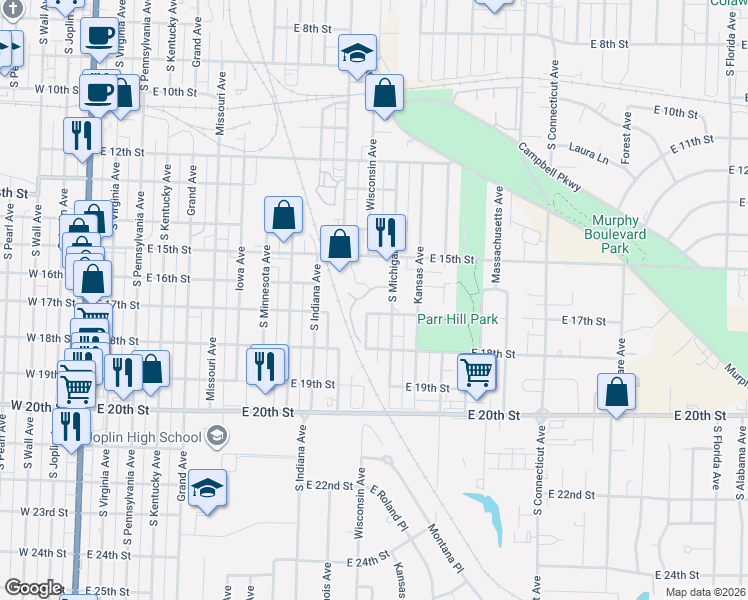 map of restaurants, bars, coffee shops, grocery stores, and more near 1502 South Michigan Avenue in Joplin