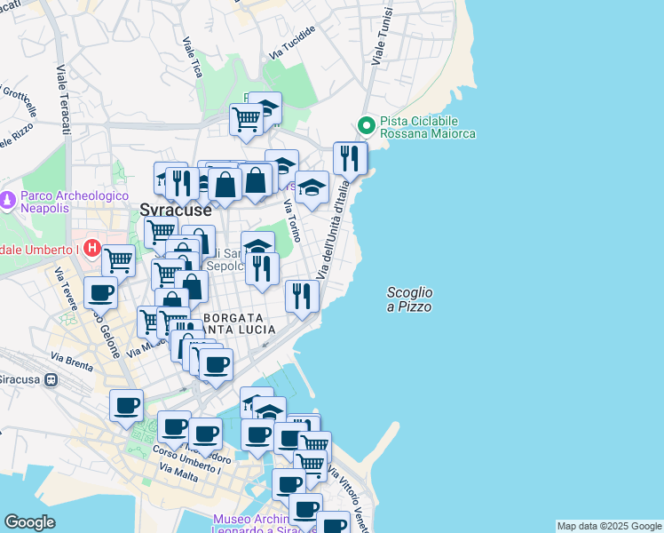 map of restaurants, bars, coffee shops, grocery stores, and more near 2 Via Iceta in Siracusa