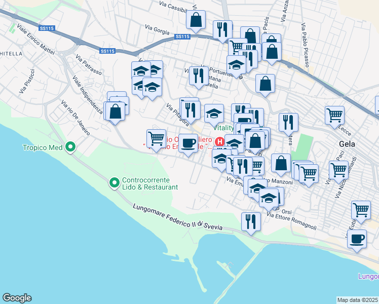 map of restaurants, bars, coffee shops, grocery stores, and more near 32 Viale Indipendenza in Gela