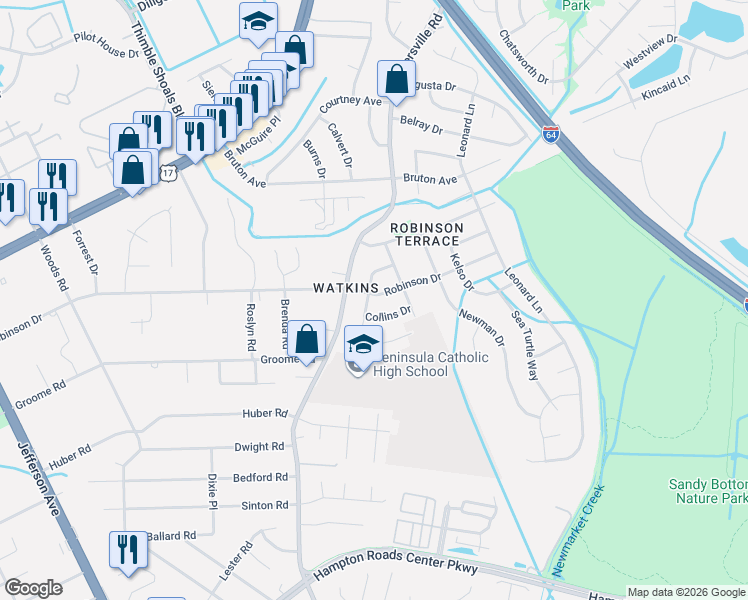 map of restaurants, bars, coffee shops, grocery stores, and more near 657 Daniel Drive in Newport News