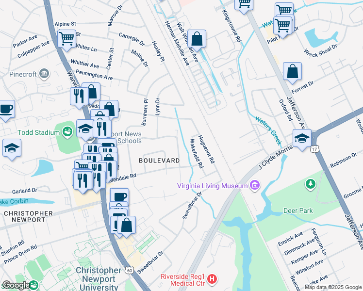 map of restaurants, bars, coffee shops, grocery stores, and more near 112 Glade Road in Newport News