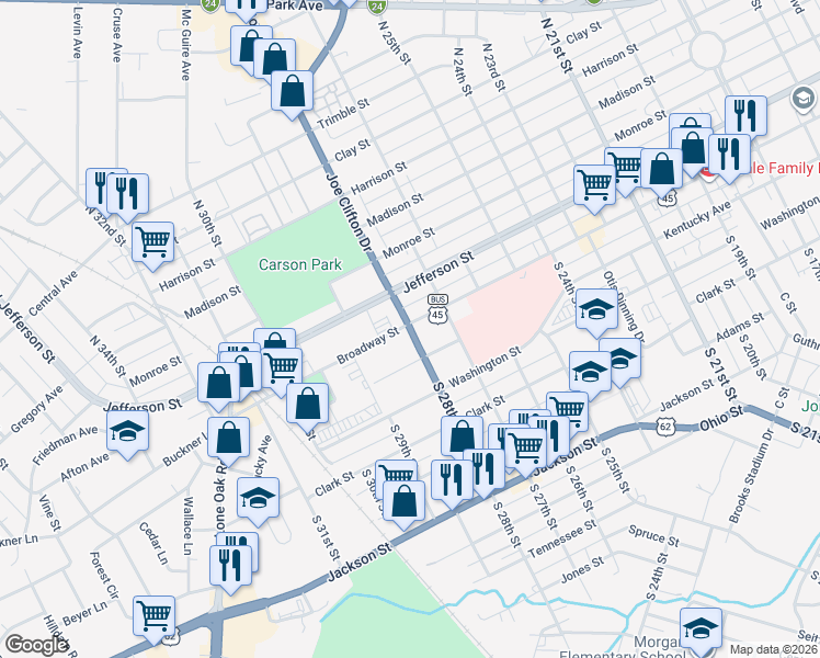 map of restaurants, bars, coffee shops, grocery stores, and more near U.S. 60 in Paducah