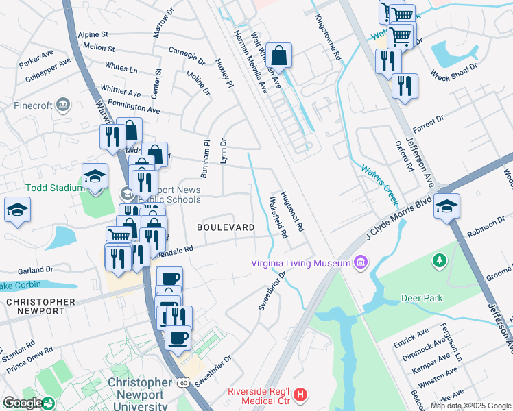 map of restaurants, bars, coffee shops, grocery stores, and more near 112 Glade Road in Newport News