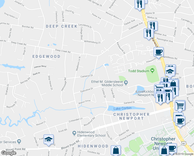 map of restaurants, bars, coffee shops, grocery stores, and more near 111 Leslie Drive in Newport News