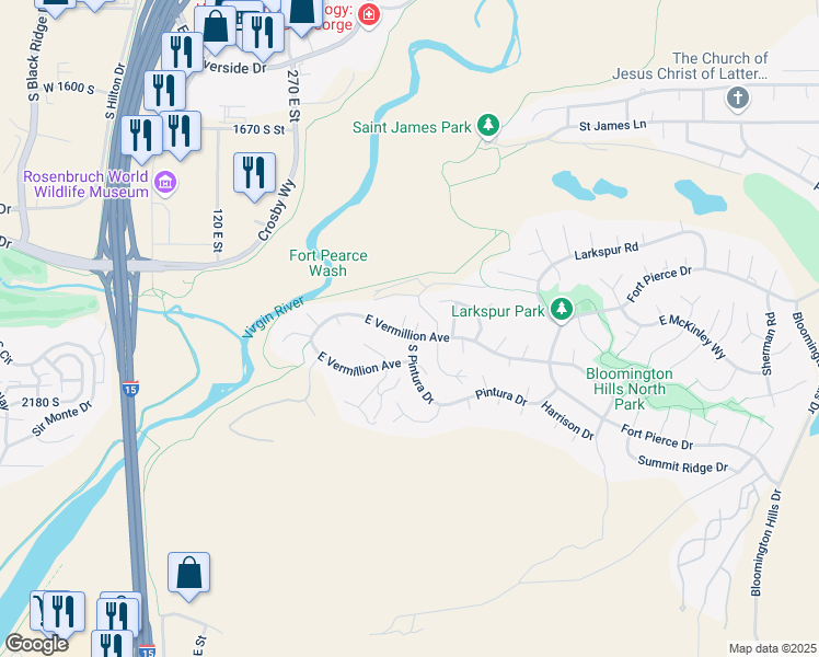 map of restaurants, bars, coffee shops, grocery stores, and more near 495 Vermillion Avenue in St. George