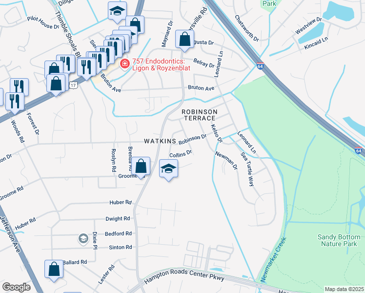 map of restaurants, bars, coffee shops, grocery stores, and more near 220 Robinson Drive in Newport News