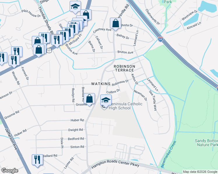 map of restaurants, bars, coffee shops, grocery stores, and more near 657 Daniel Drive in Newport News