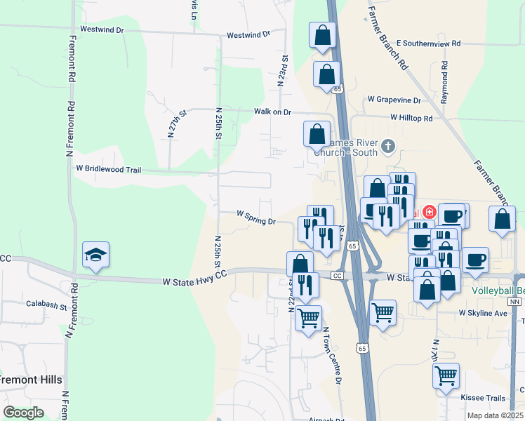 map of restaurants, bars, coffee shops, grocery stores, and more near 2304 West Deerbrooke Trail in Ozark