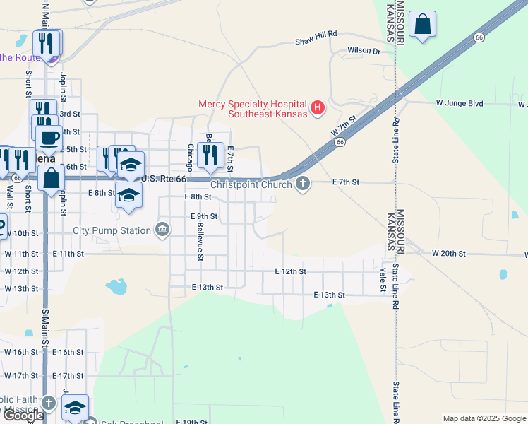 map of restaurants, bars, coffee shops, grocery stores, and more near 1220 East 8th Street in Galena