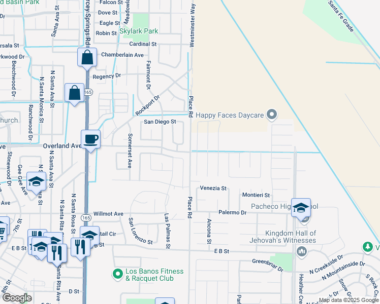 map of restaurants, bars, coffee shops, grocery stores, and more near Overland Avenue in Los Banos