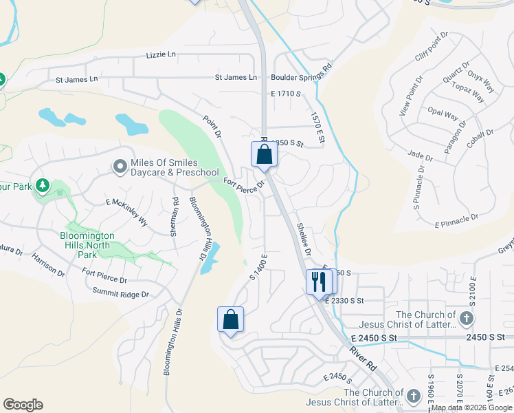 map of restaurants, bars, coffee shops, grocery stores, and more near 2050 South 1400 East in St. George