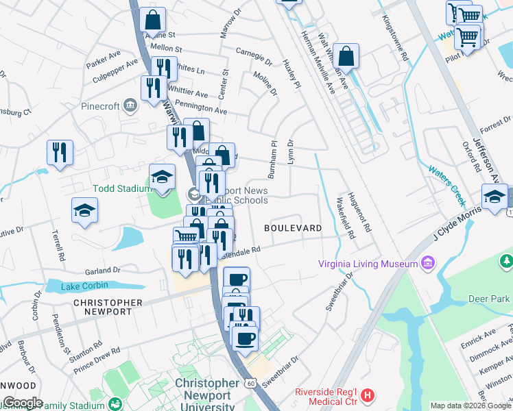 map of restaurants, bars, coffee shops, grocery stores, and more near 26 Burnham Place in Newport News
