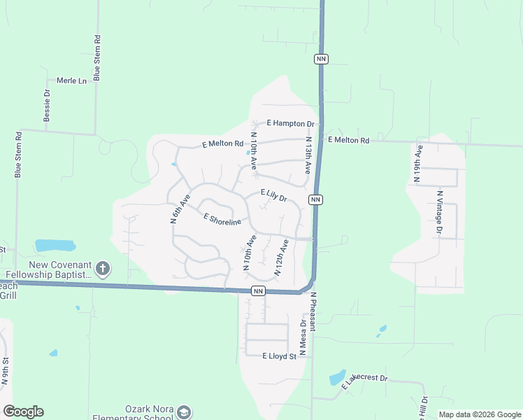 map of restaurants, bars, coffee shops, grocery stores, and more near 1004 East Lily Drive in Ozark