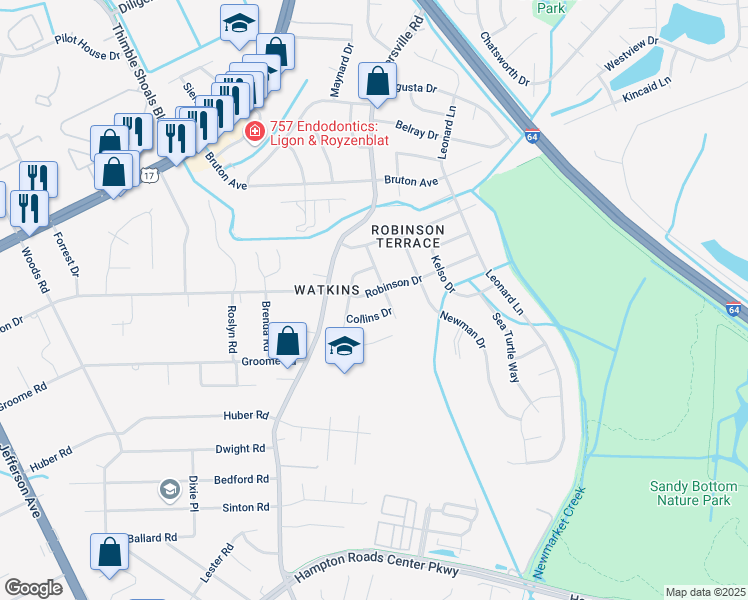map of restaurants, bars, coffee shops, grocery stores, and more near 220 Robinson Drive in Newport News