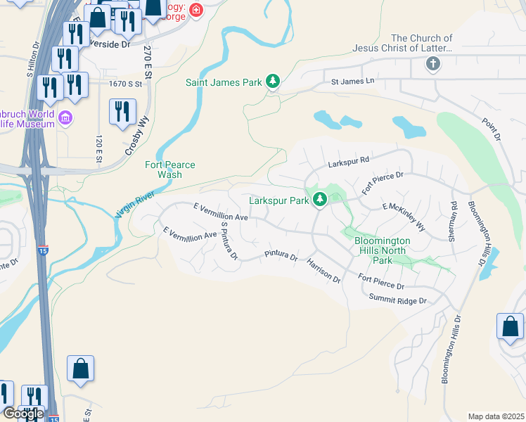 map of restaurants, bars, coffee shops, grocery stores, and more near 2186 Harmony Place in Saint George