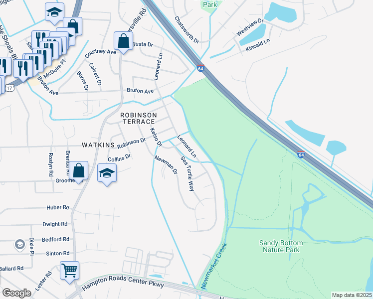 map of restaurants, bars, coffee shops, grocery stores, and more near 631 Leonard Lane in Newport News