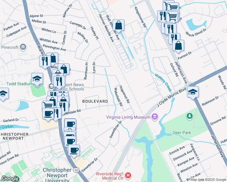 map of restaurants, bars, coffee shops, grocery stores, and more near 11 Wakefield Road in Newport News