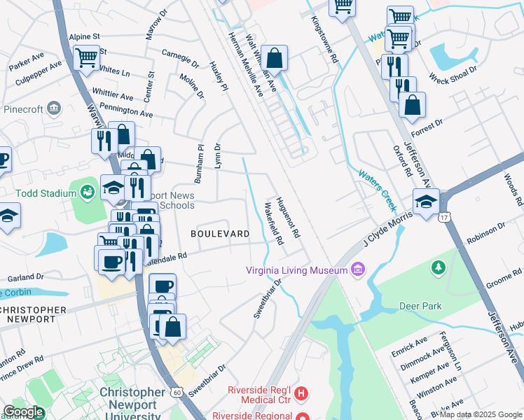map of restaurants, bars, coffee shops, grocery stores, and more near 11 Wakefield Road in Newport News