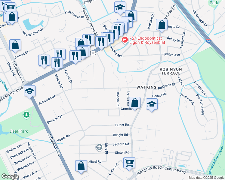 map of restaurants, bars, coffee shops, grocery stores, and more near 99 Robinson Drive in Newport News