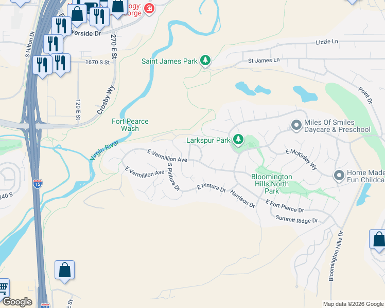 map of restaurants, bars, coffee shops, grocery stores, and more near 2166 Harmony Place in St. George