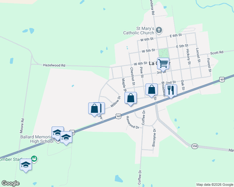 map of restaurants, bars, coffee shops, grocery stores, and more near 262-268 Willow Drive in La Center