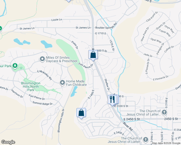 map of restaurants, bars, coffee shops, grocery stores, and more near 2050 South 1400 East in St. George